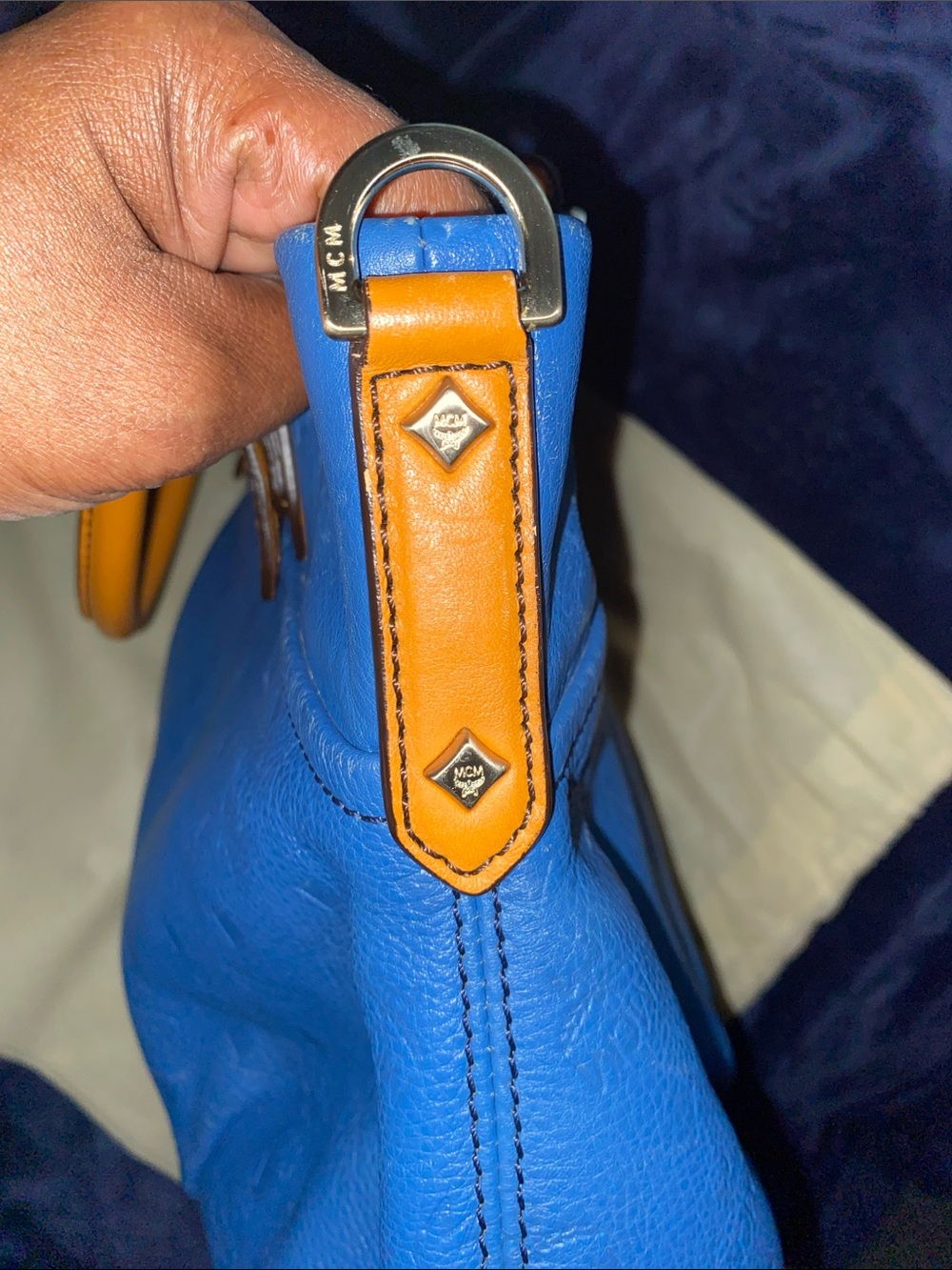 MCM Visetos Logogramme Blue Leather Satchel with Tan Handles and Gold Hardware - Picture 5 of 14